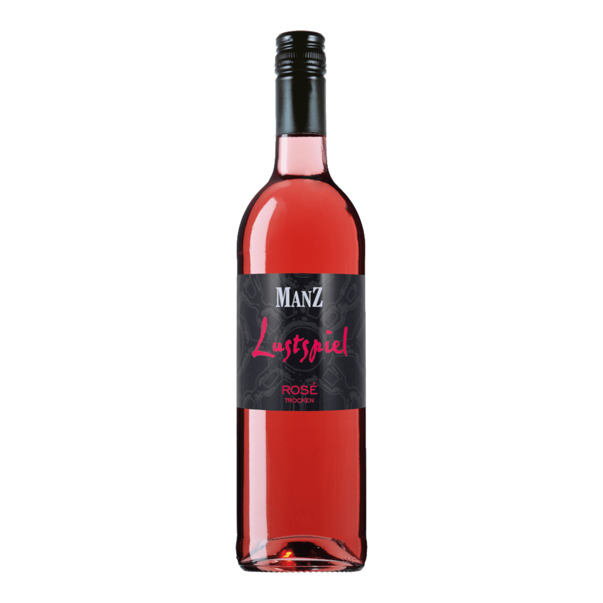 Manz Rosé Trocken Lustspiel 2020 wine bottle with a vibrant pink label.