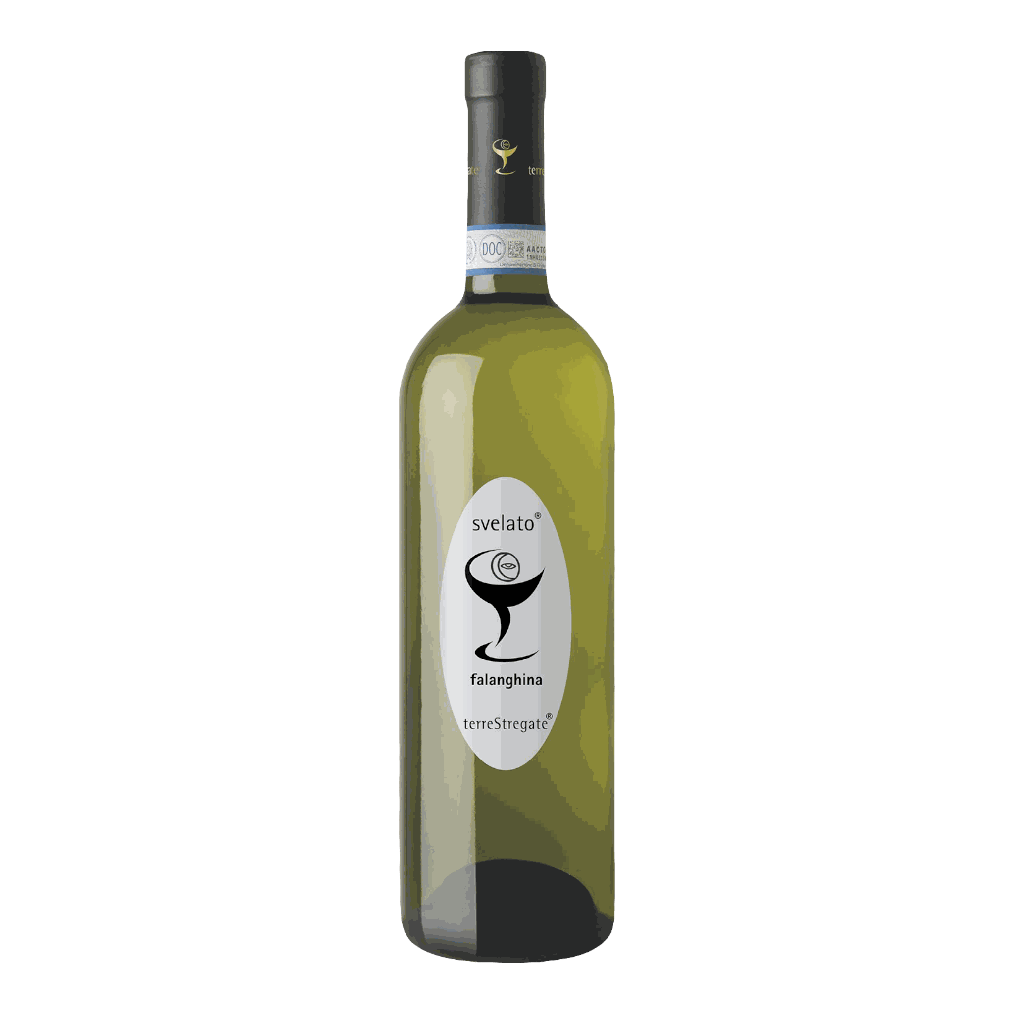 Terre Stregate Falanghina Dop Svelato 2019 wine bottle with label.