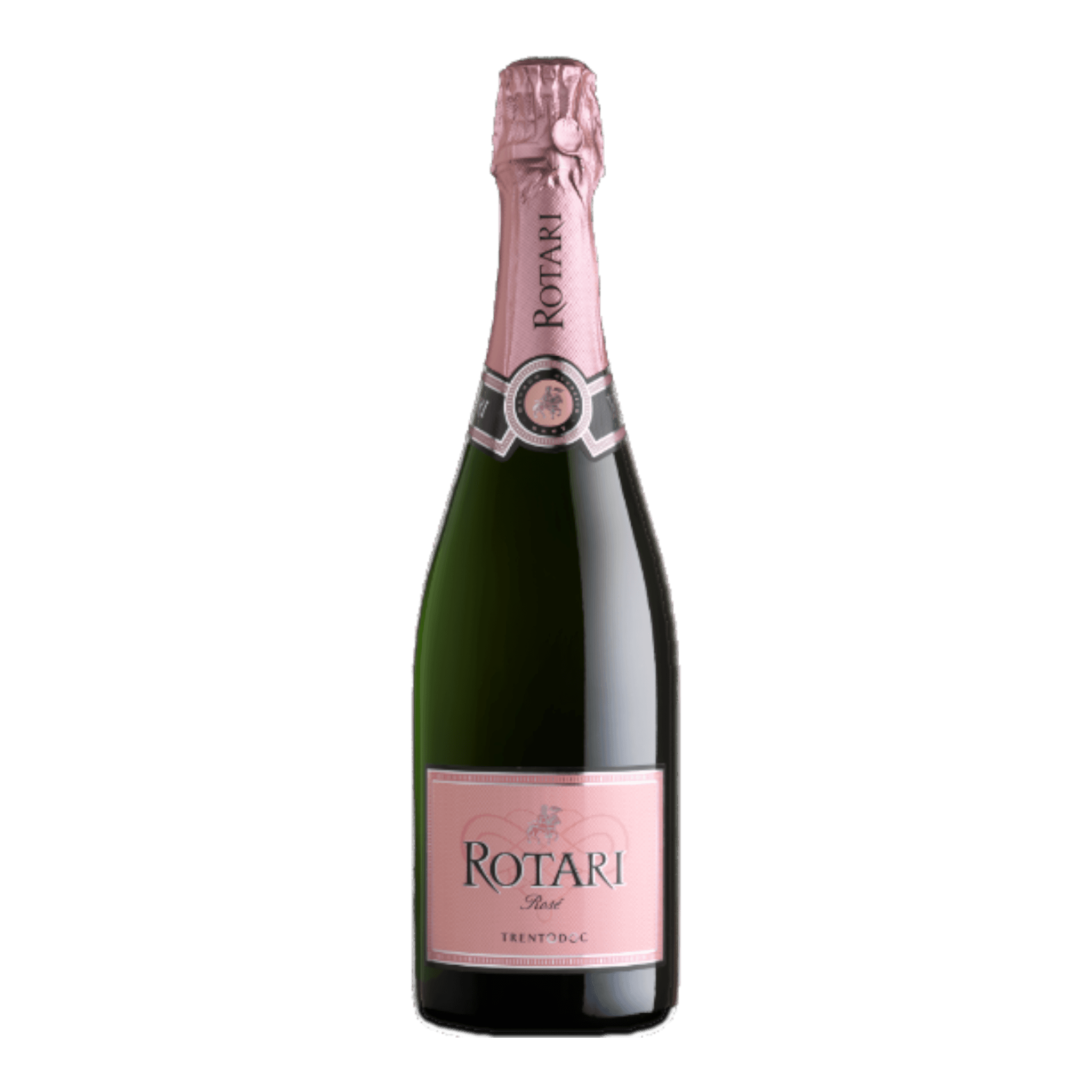 Mezzacorona Rotari Rosé Brut wine bottle with pink label and elegant design.