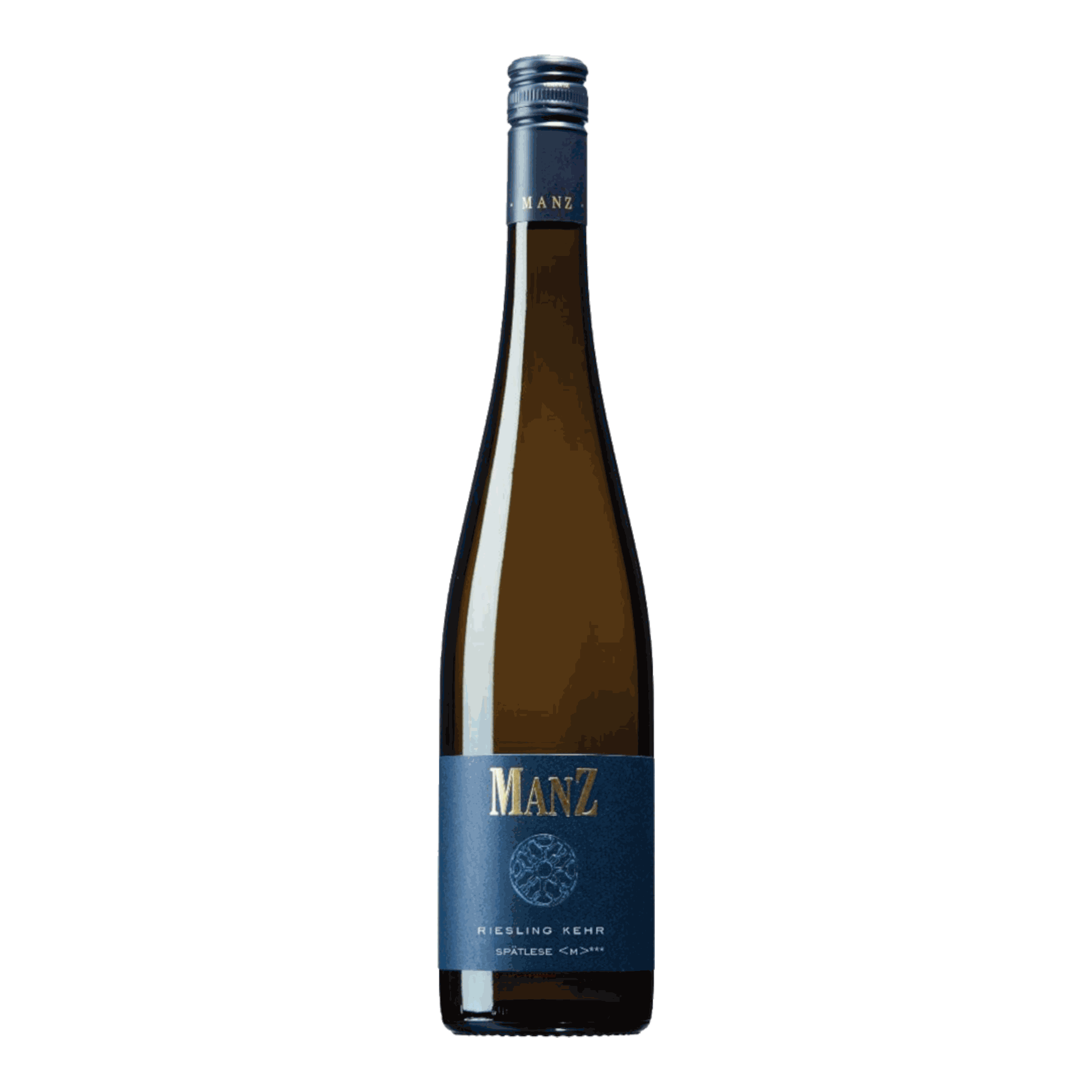 Manz Riesling Kehr Spätlese Trocken 2019 wine bottle with blue label.