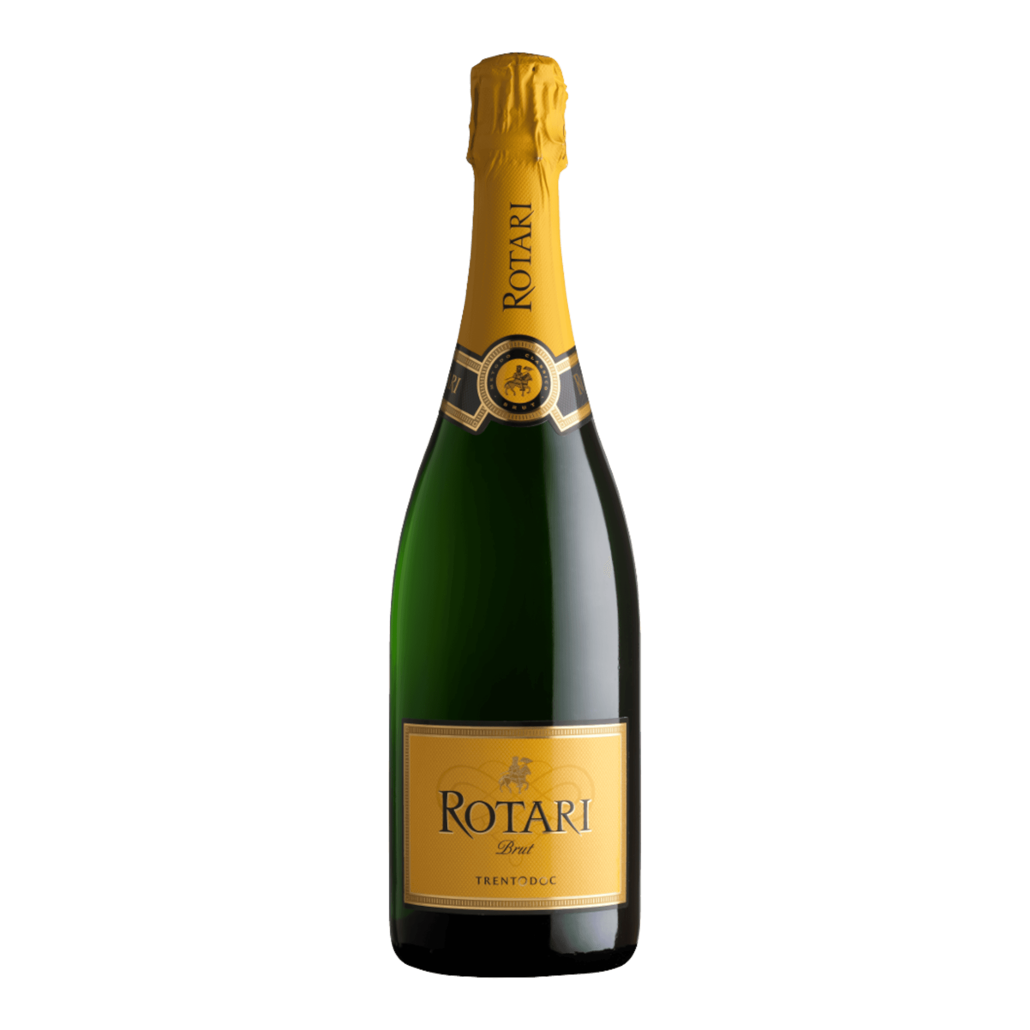 Mezzacorona Rotari Brut sparkling wine bottle with yellow label and elegant design.