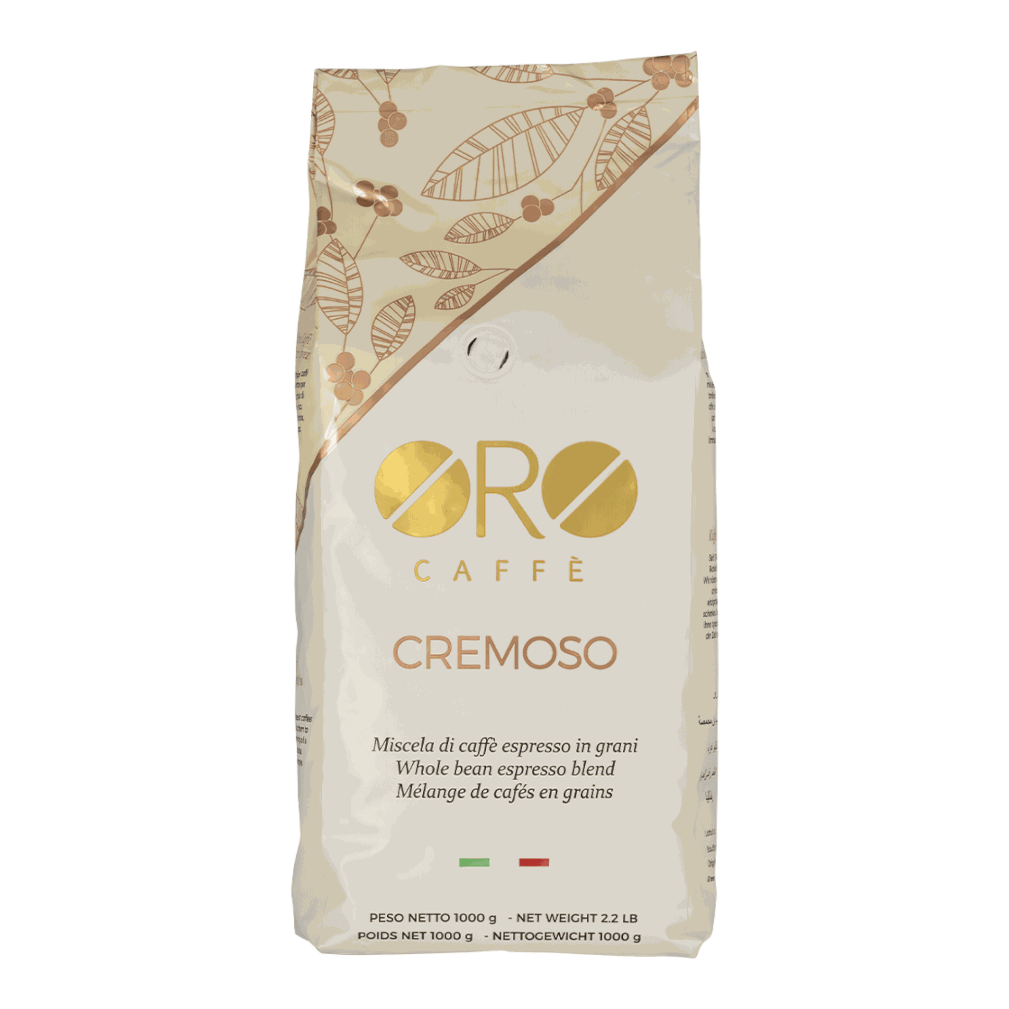 Oro Caffe Espresso Cremoso 1 kg Ganze Bohne with dense hazelnut cream notes.