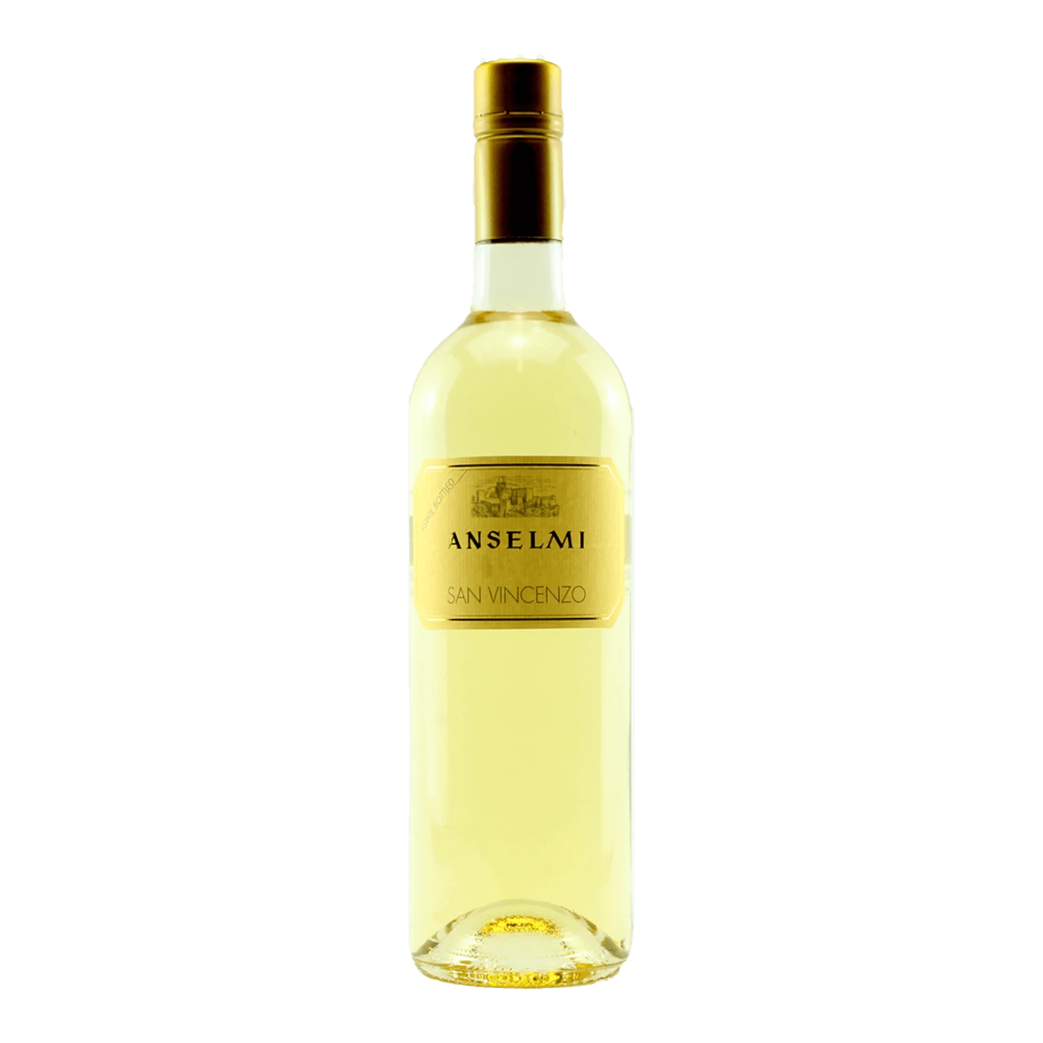 Flasche Anselmi San Vincenzo 2023 in hellgelber Farbe mit grünlichen Reflexen