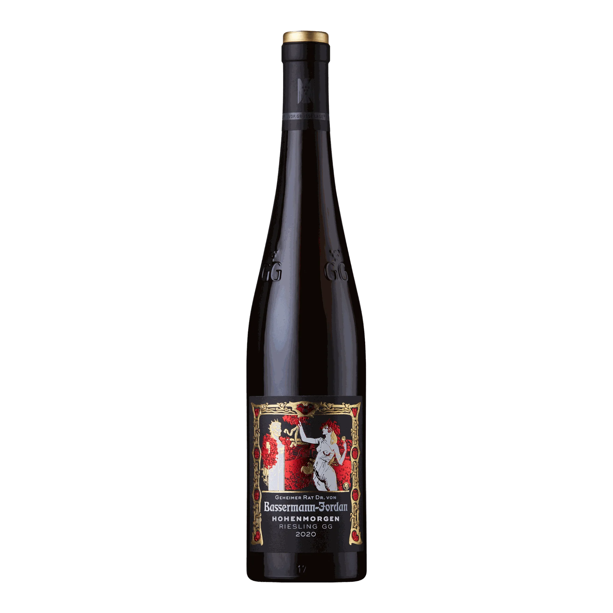 Weinflasche mit kunstvollem Etikett von Bassermann-Jordan Riesling Hohenmorgen GG 2020