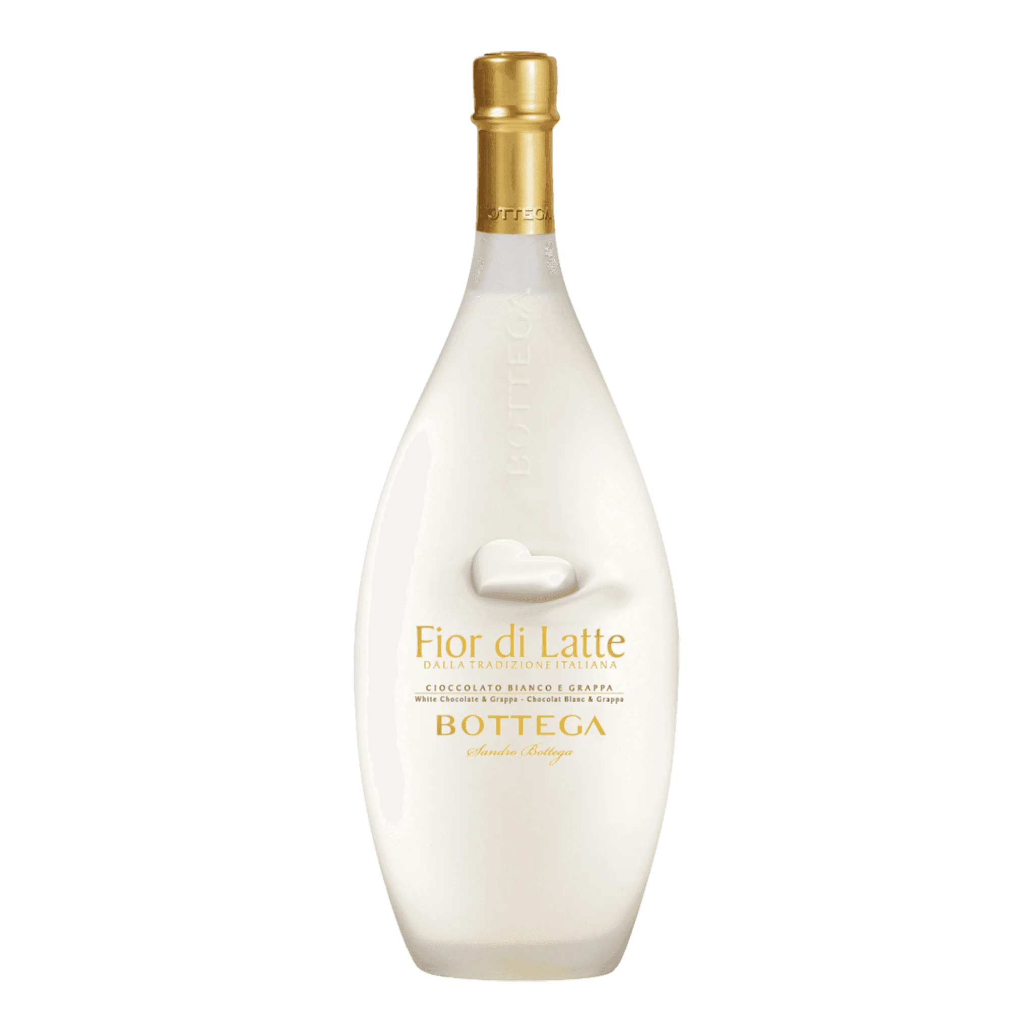 Weiße Flasche mit goldenem Deckel, Bottega Sahnelikör Fior Di Latte im Wein-Stil