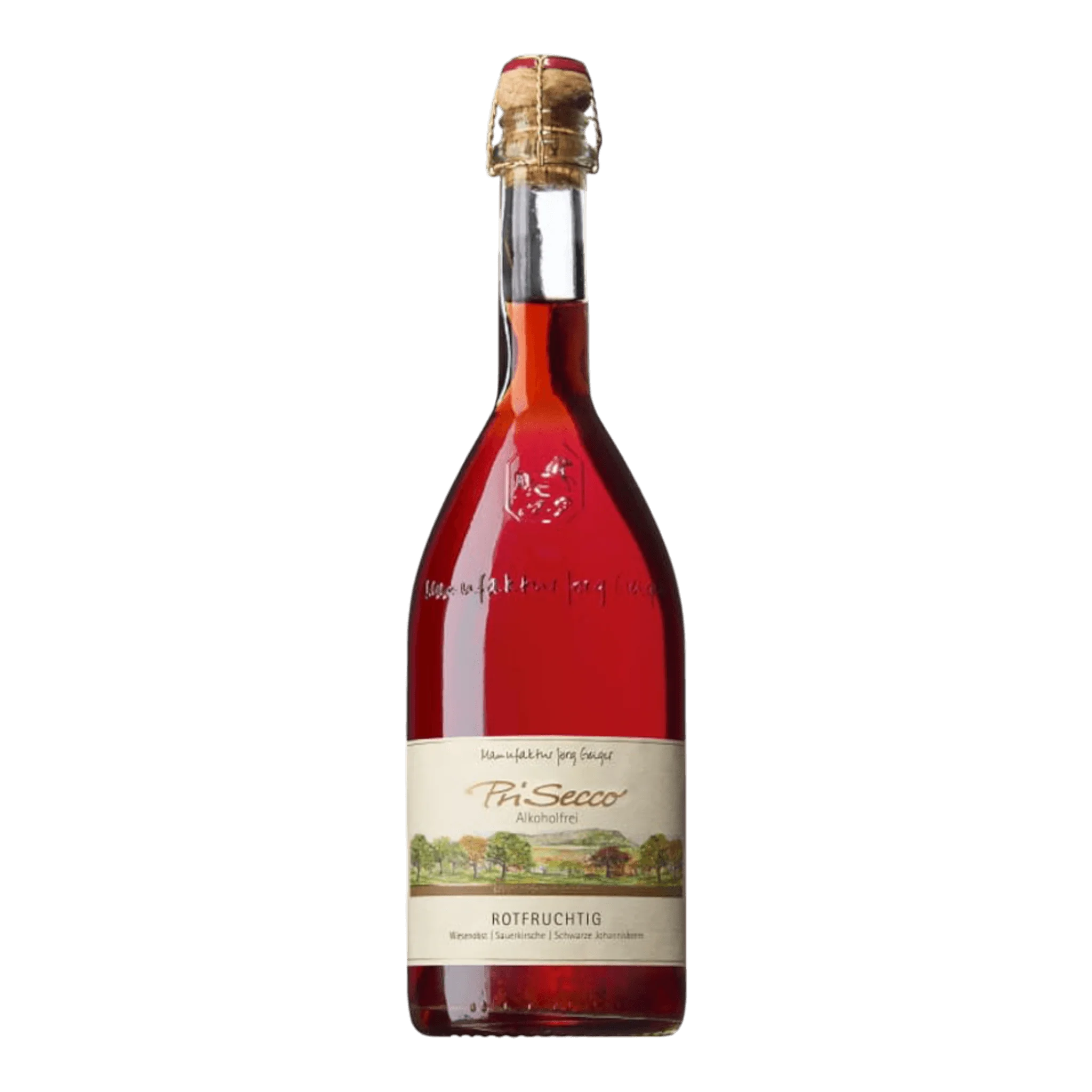Jörg Geiger Prisecco Rotfruchtig Alkoholfrei bottle with red fruit flavors.