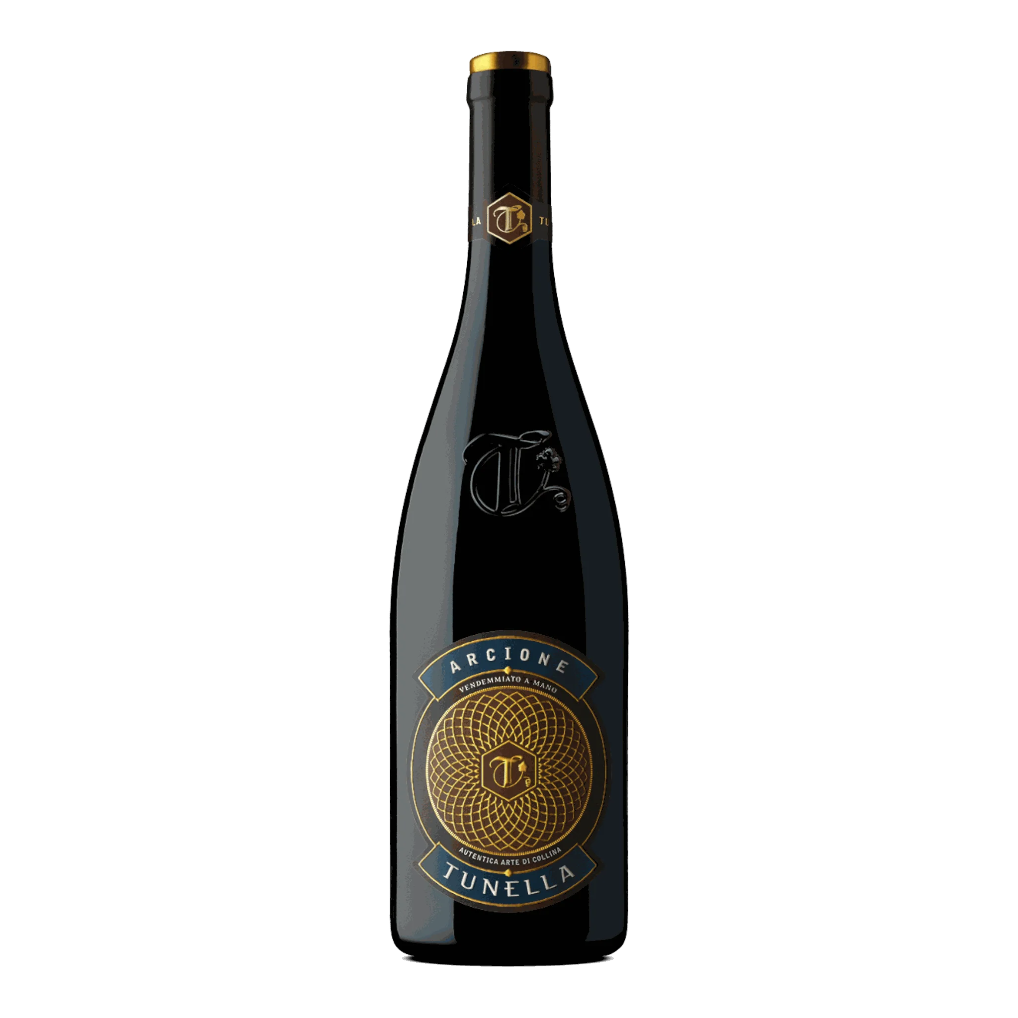 Dunkle Glasweinflasche von Tunella L Arcione 2019 mit gut integrierten Aromen