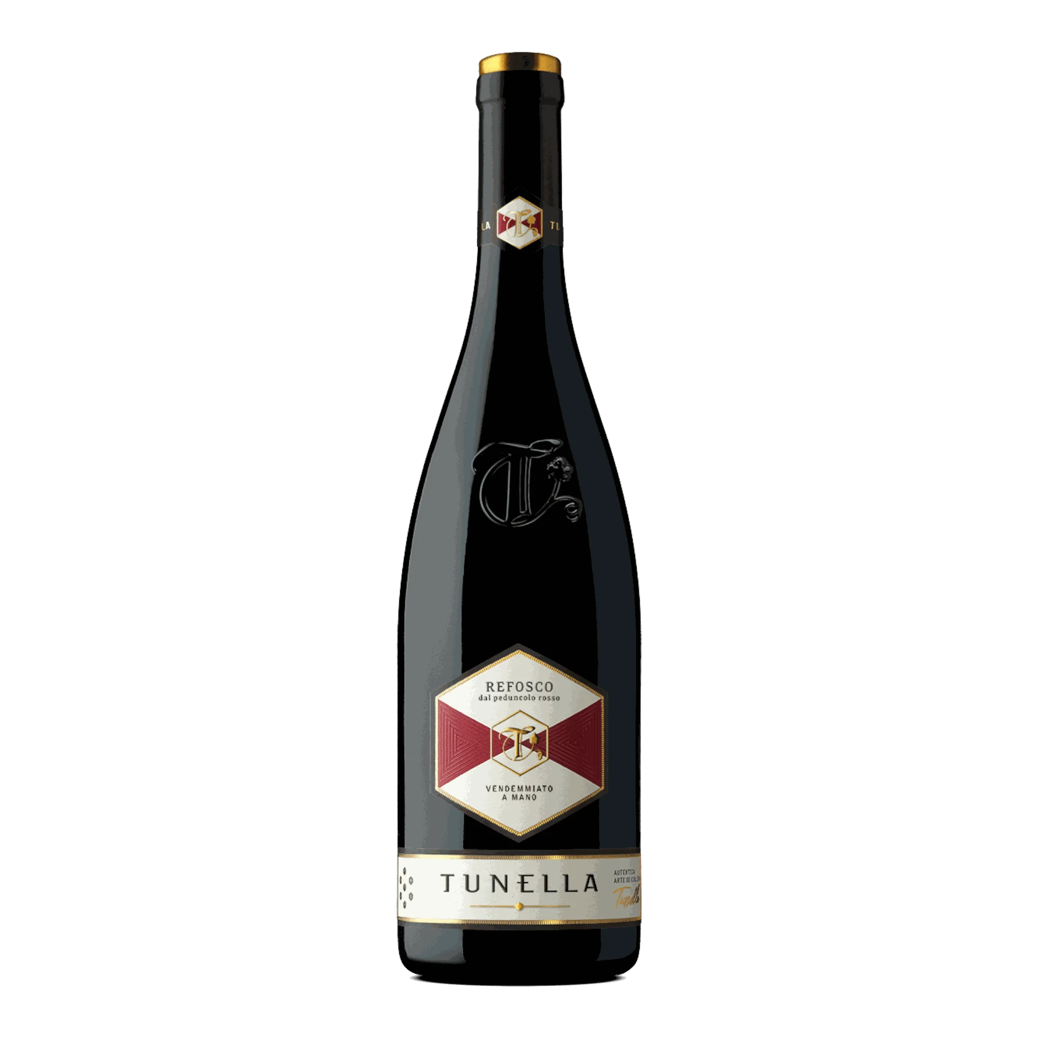 Dunkle Rotweinflasche von Tunella Refosco Selenze 2022, perfekt zum Genießen