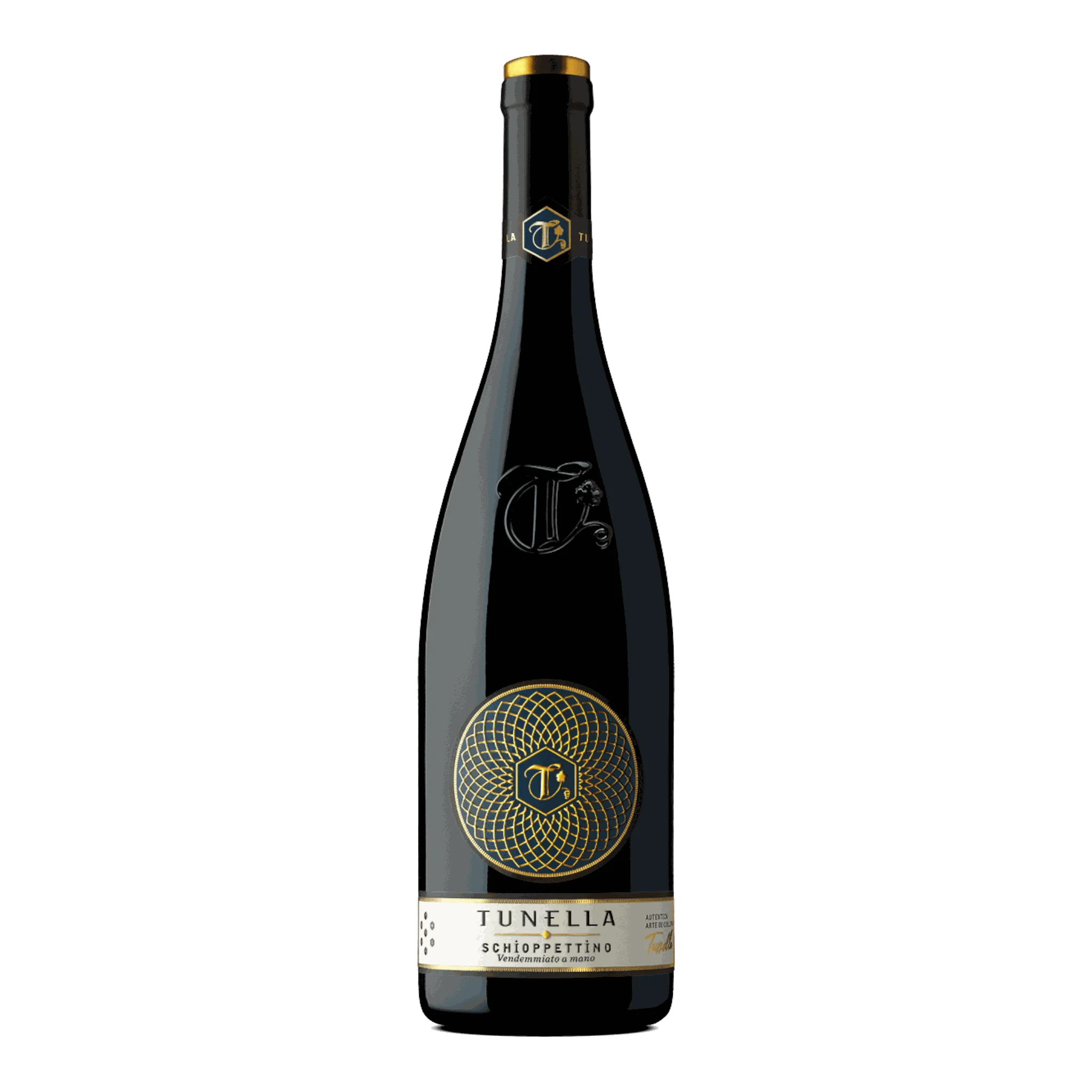 Dunkle Weinflasche von La Tunella Schioppettino 2020, italienischer Wein genuss