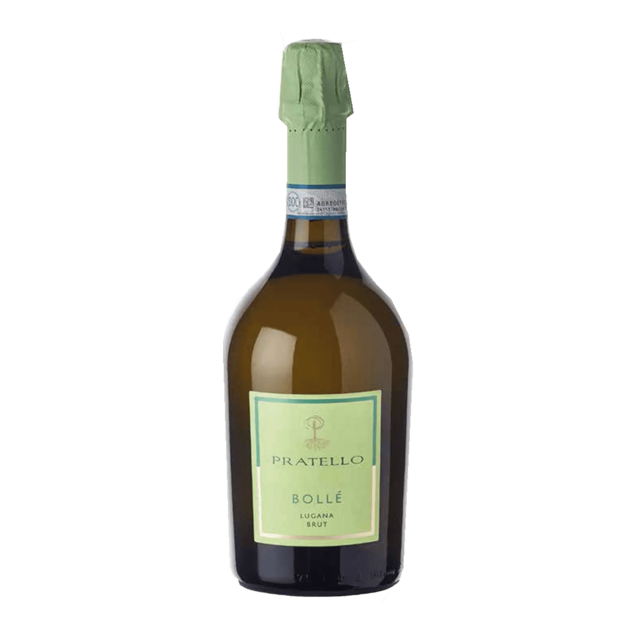 Pratello Bollé Lugana Spumante Brut bottle with green label and cap.