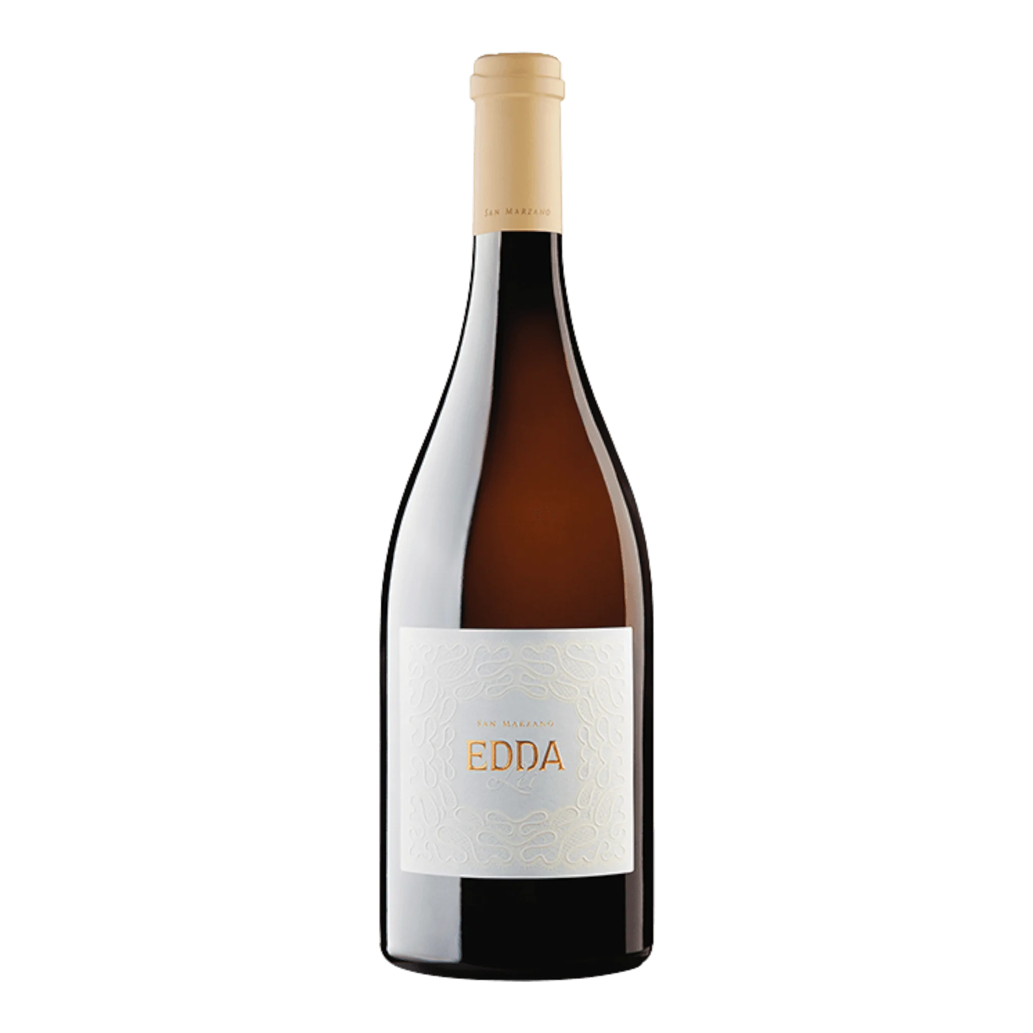 San Marzano Edda Bianco Salento 2022 wine bottle with golden reflections.