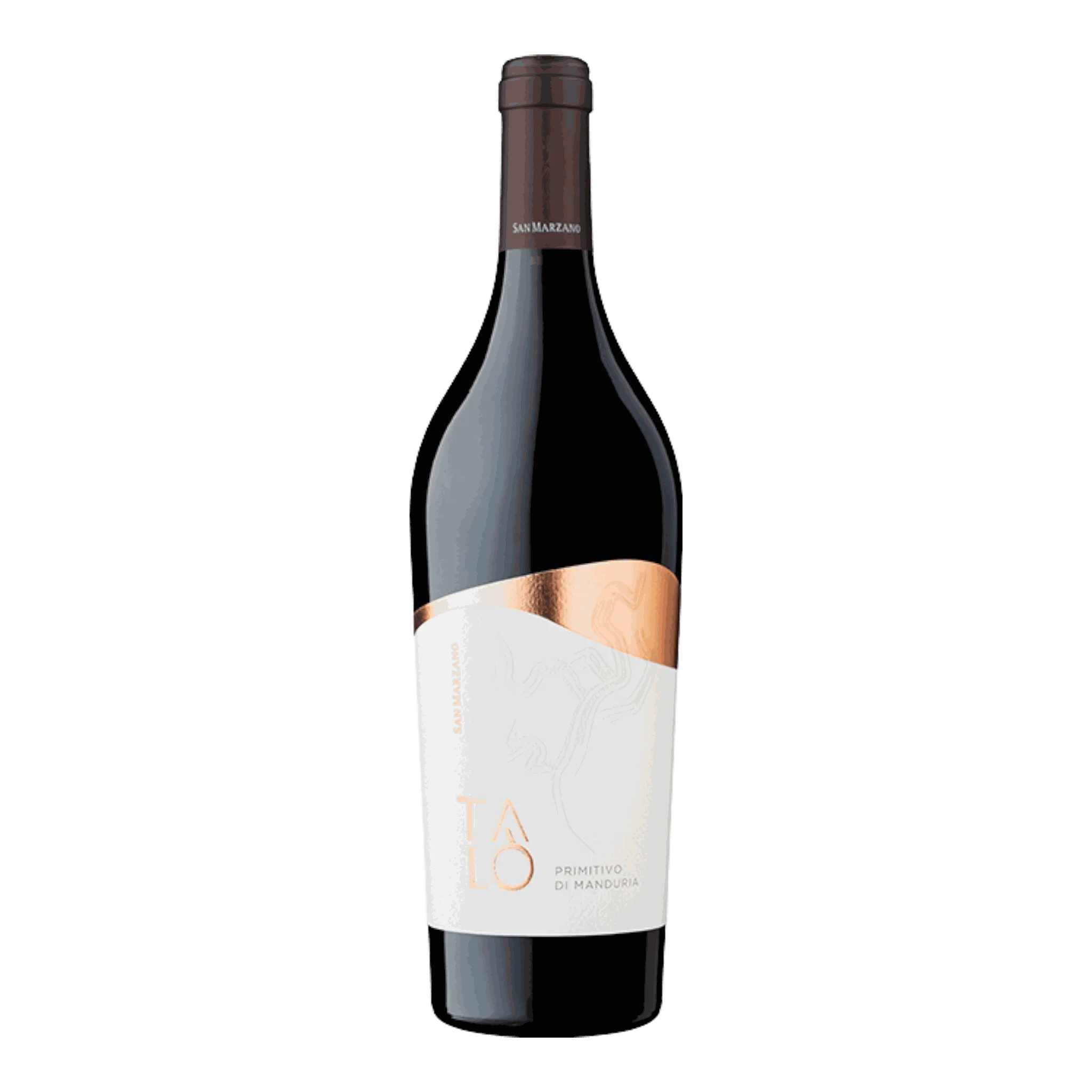 Rotweinflasche mit weißem und kupfernem Etikett von San Marzano Primitivo Di Manduria Talo