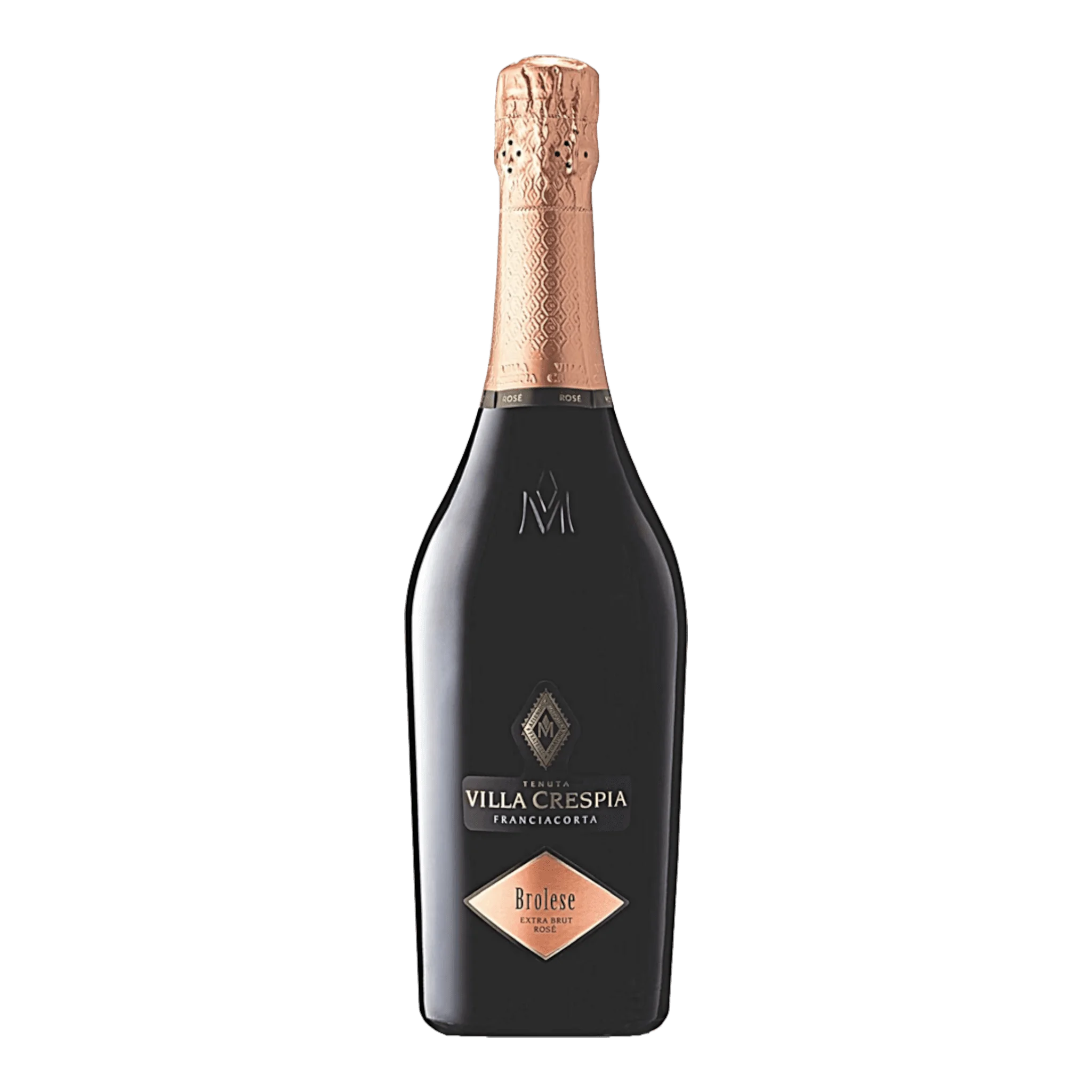 Dunkle Weinflasche mit roségoldener Folie, Villa Crespia Franciacorta Rosé Extra Brut Brolese